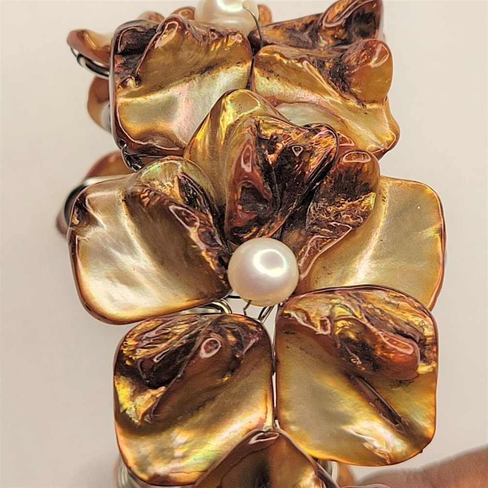 Gold Brown Cuff Bracelet Pearl and Mother Of Pearl Bangle - NEW